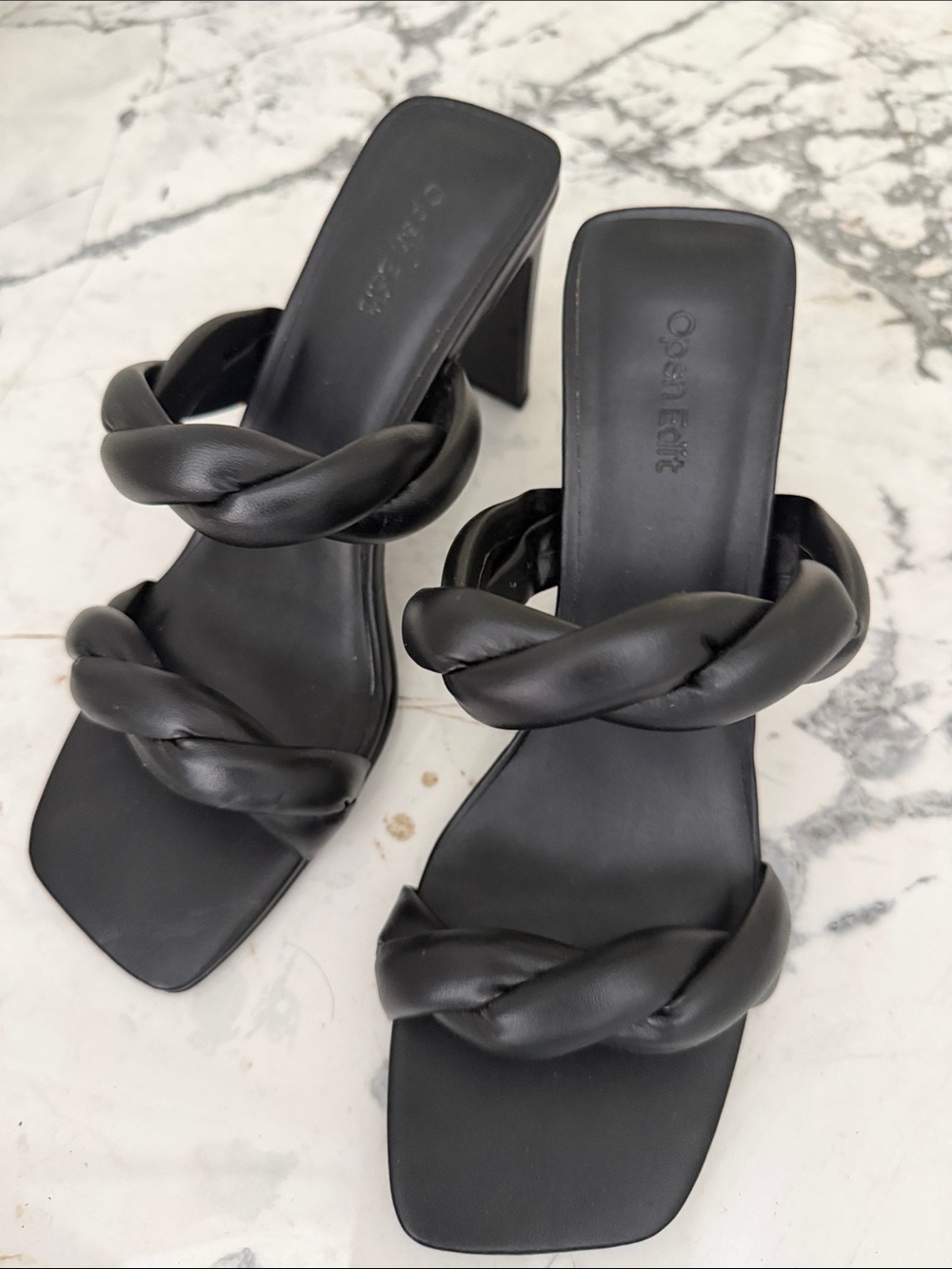 OpenEdit Braided Double-Strap Black Block Heel Sandal